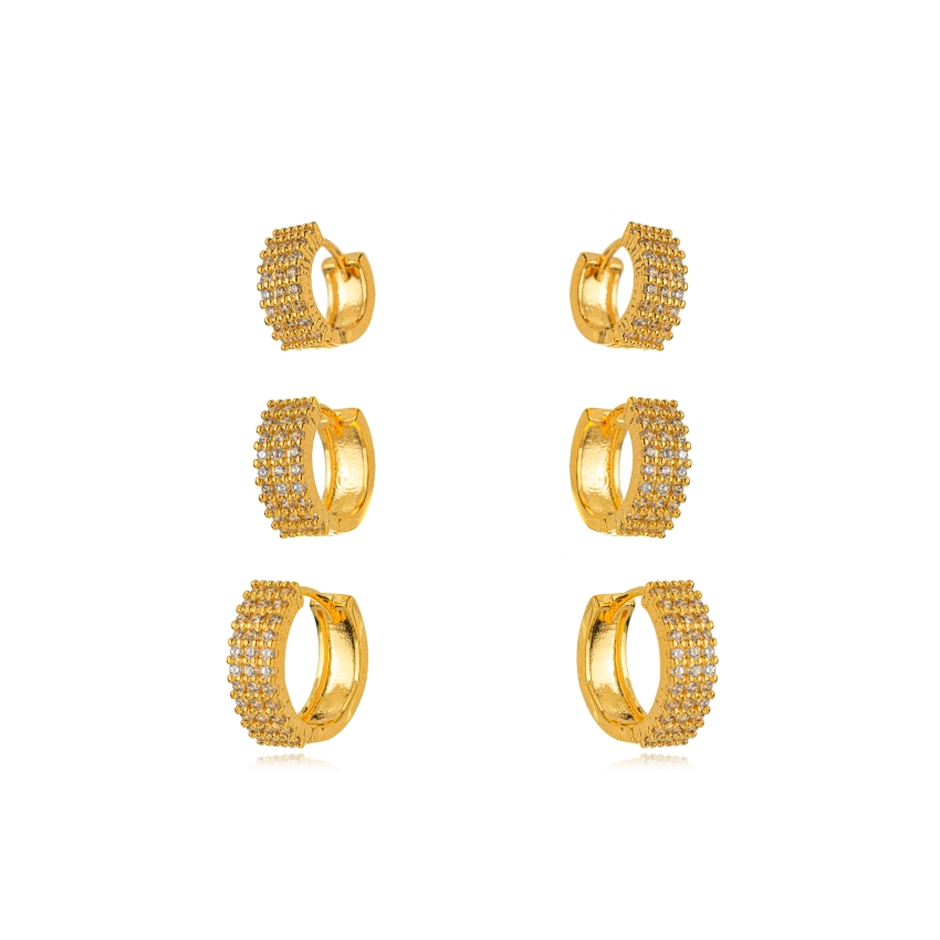 Brinco Semijoia Trio Argola Micro Zircônia